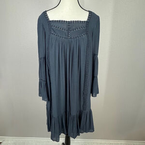 LOFT Midi Dress S Small Blue Lace Trim Bell Sleeve Boho Lagenlook Hippie Peasant